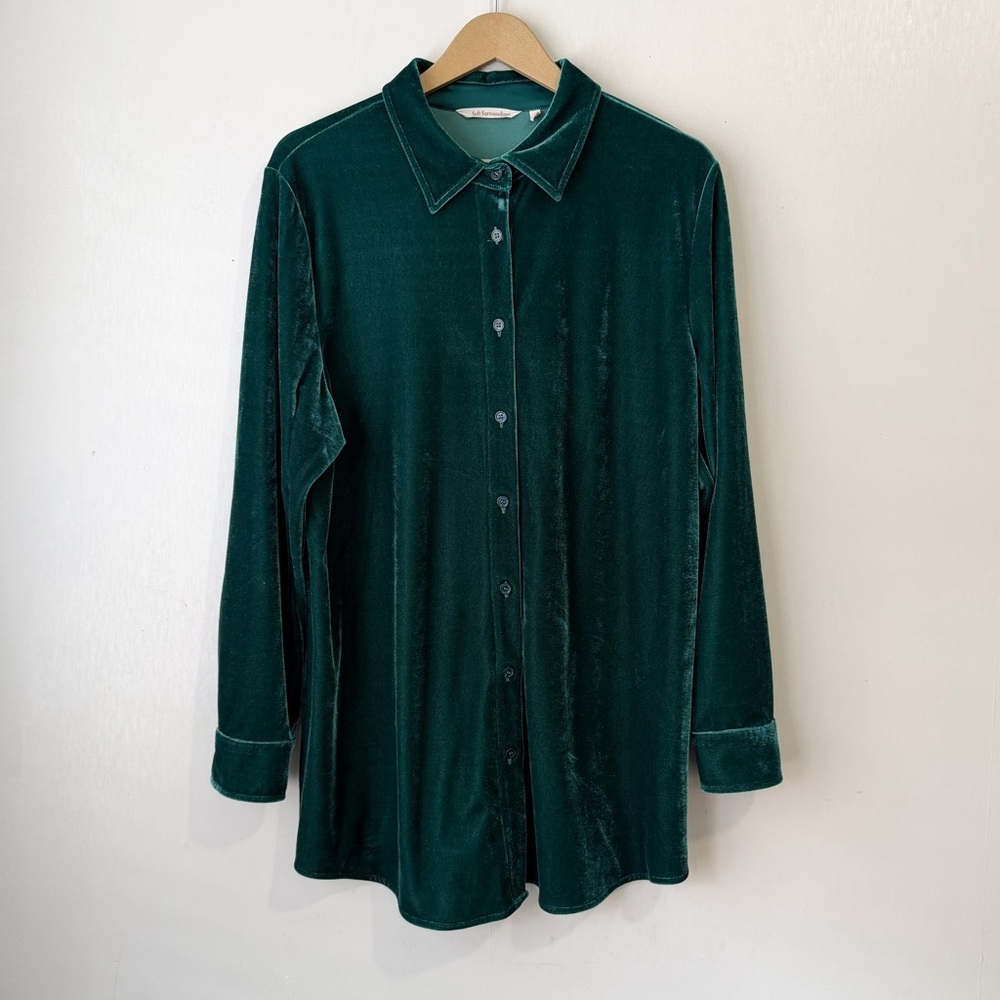 Soft Surroundings Velvet Long Sleeve Button Shirt Green Large